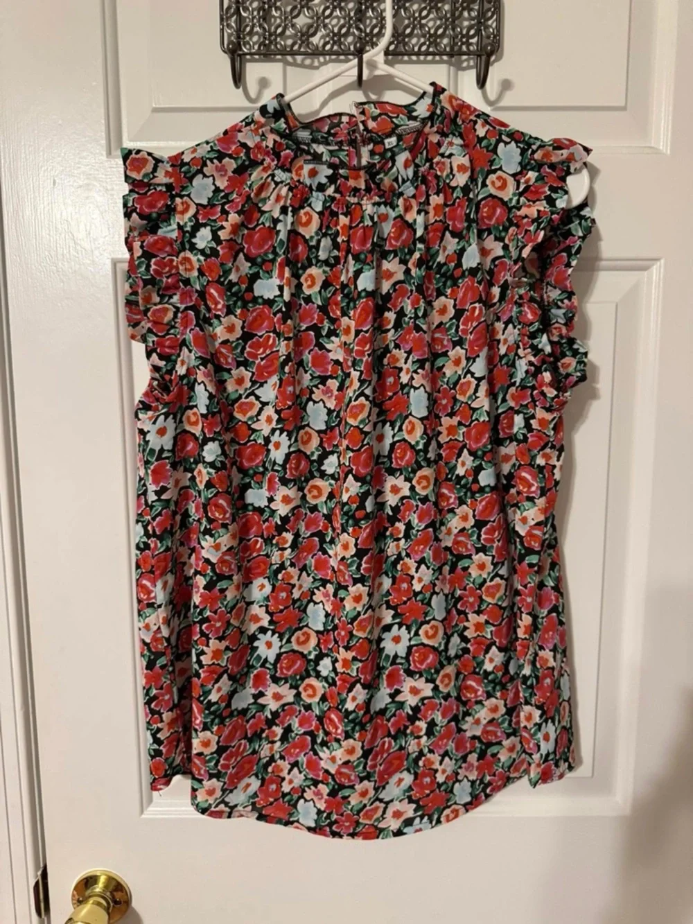 Floral Ruffle Cap-Sleeve Blouse - Red Multi - Picture 1 of 4